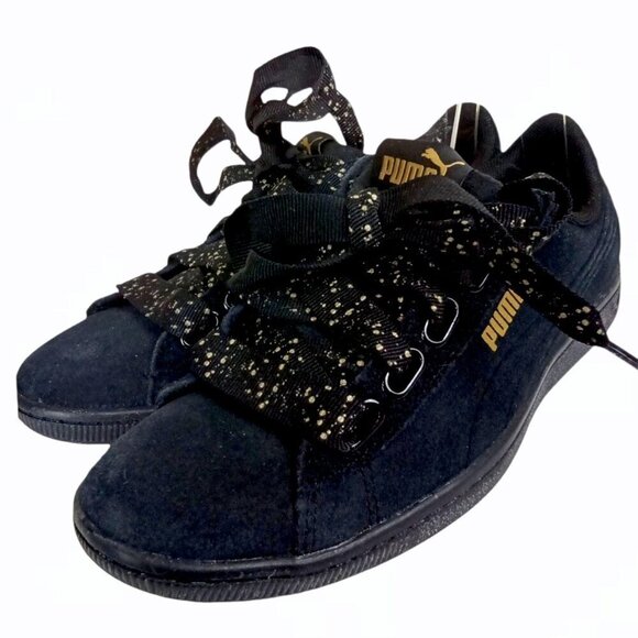 Puma Black Suede Athletic Sneakers with‎ Gold Spattered Grosgrain Laces Size 5.5 - Picture 1 of 8